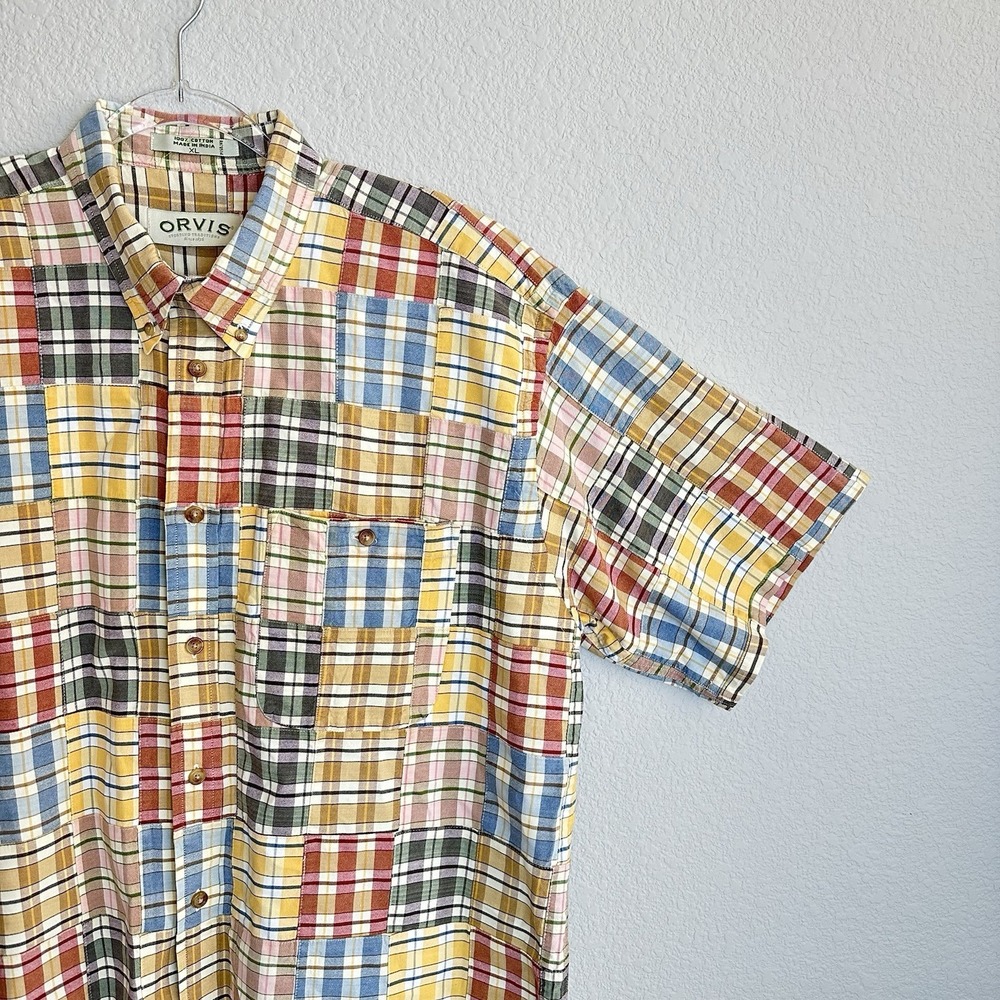 Orvis Shirt‎ Men's Large Patchwork Plaid Multicolor Madras Preppy Short Sleeve